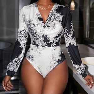 Baroque & Leopard Print Draped Neck Bodysuit